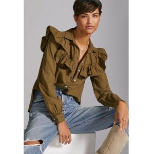 Anthropologie Pilcro Women's Olive Green Button Up Shirt Blouse Ruffle Sz M